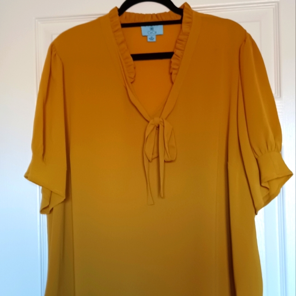 CeCe Mustard Yellow Tie-Neck Ruffle Blouse